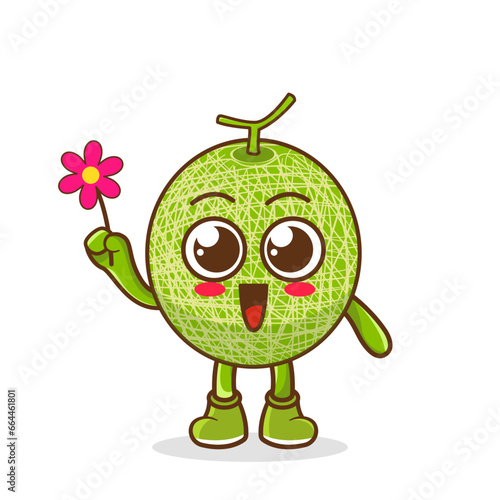 Cute cartoon melon fruit character holding flower