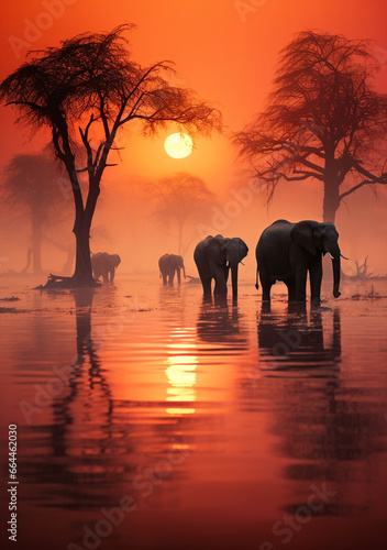 Tranquil Moment: Elephants Silhouetted Against a Glowing Orange Sky - Harmony of Wildlife & Nature - Sunset's Golden Hues & Nature's Beauty.