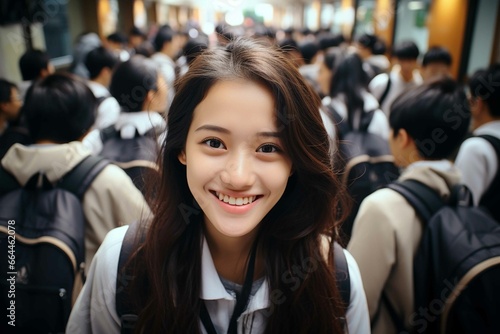 Happy Smiling Woman in a Crowd Looking at Camera