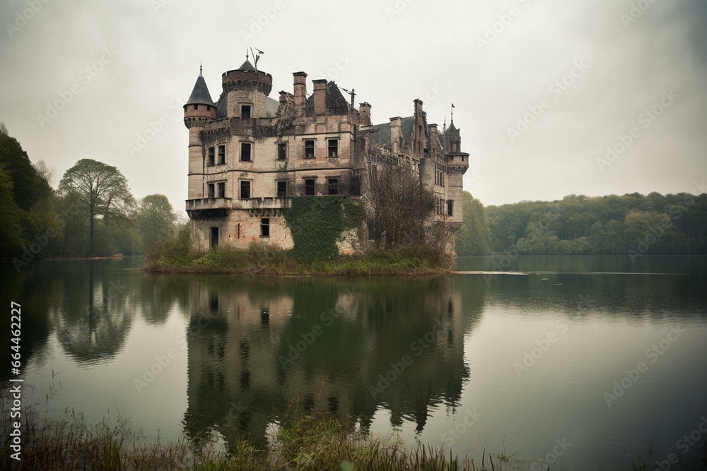 Serene view of a deteriorating castle standing atop a calm lake. Generative AI