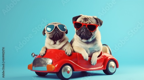 On a light blue background, a funny pug dog and cat are wearing sunglasses in a toy automobile. © Amna