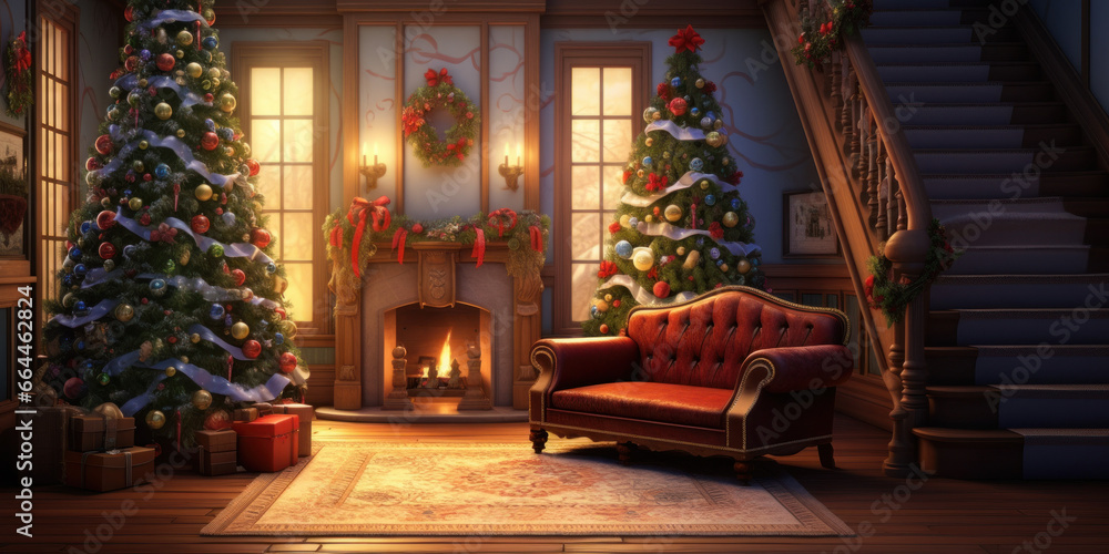 Christmas tree in living room illustration