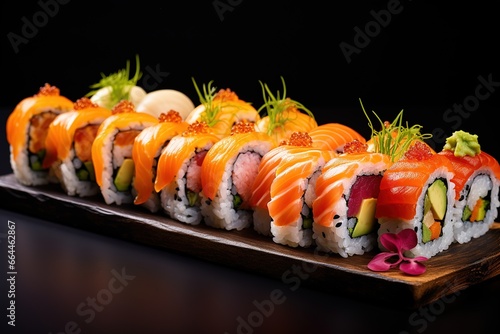 Sushi maki rolls set in a variety of japanese food
