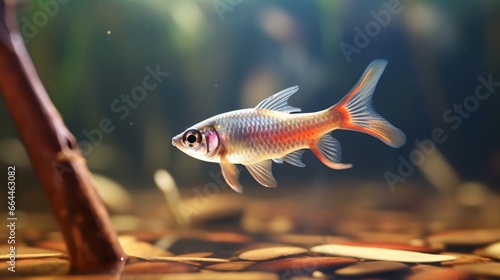 A freshwater fish belonging to the characin family (family Characidae) of the order Characiformes is the cardinal tetra (Paracheirodon axelrodi). photo
