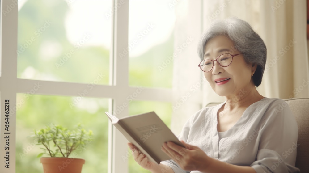 Happy Asian elderly woman reading book sitting on couch at home. Happy Asian elderly woman reading book sitting on couch at home.