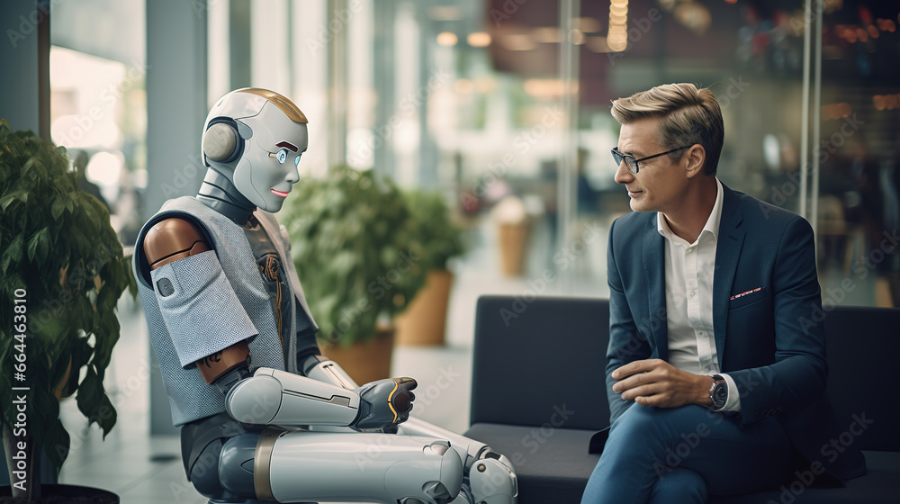Job interview with futuristic robot in modern office, AI replacing humans, taking our jobs in the future. AI vs human competition - obrazy, fototapety, plakaty 