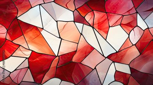 red and white stained glass background - spiritual vibrant colored window design backdrop - decorative light transmissive architecture - generative ai