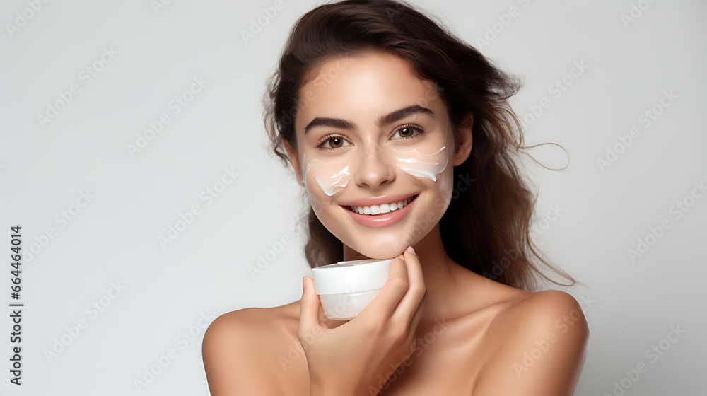 Portrait of beautiful young woman with cream on her face. Skin care concept. Portrait of beautiful young woman with cream on her face. Skin care concept.