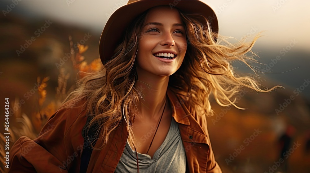 Happy young model makes photo holding camera in hand close-up. Her hair is flying in wind, she is wearing hat. Model illustration. Generative AI