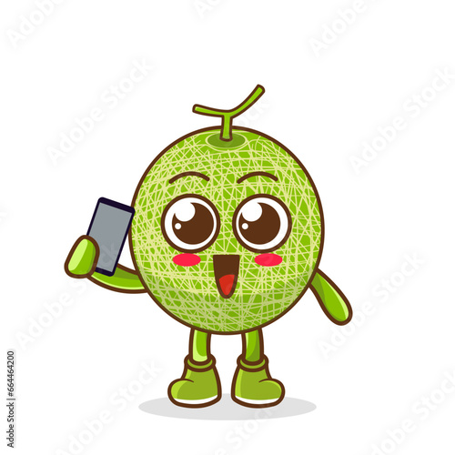 melon fruit cartoon character holding a smartphone