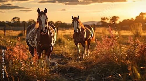 Thoroughbred horses grazing at sunset in a field. Agriculture environment illustration. Generative AI