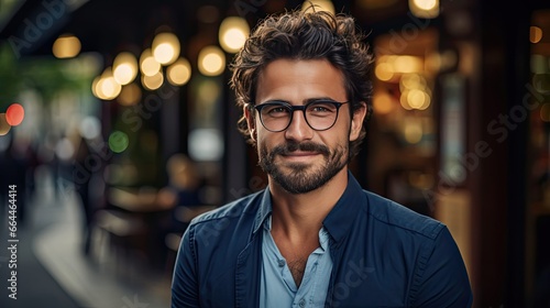 Young hispanic man wearing blue shirt and glasses, looking at camera with positive confident smile, holding arms crossed, on background. Man portrait illustration. Generative AI