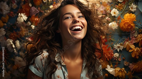 Young brunette woman over background laughing. Model portrait illustration. Generative AI photo