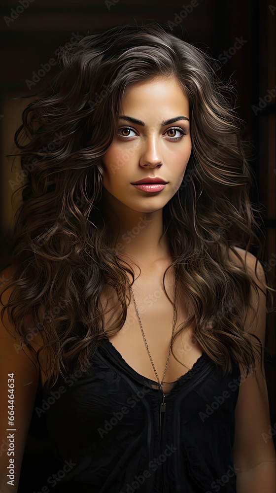 Portrait of a beautiful brunette woman with long wavy hair. Model illustration. Generative AI