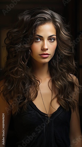 Portrait of a beautiful brunette woman with long wavy hair. Model illustration. Generative AI
