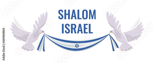 Shalom Israel - Peace Israel. Doves of peace hold the flag of Israel. Shield of David. Сoncept of war in Israel. Vector illustration in flat style. Isolated on white background.