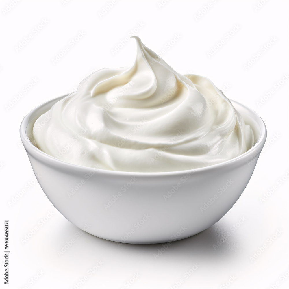 sour cream in bowl, mayonnaise, yogurt, isolated on white background, clipping path, full depth of field sour cream in bowl, mayonnaise, yogurt, isolated on white background, clipping path, full depth of field