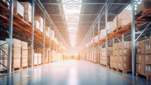 Warehouse industry blur background with logistic wholesale storehouse, blurry industrial silo interior aisle for furniture merchandise inventory and wood material, construction supplies big box store