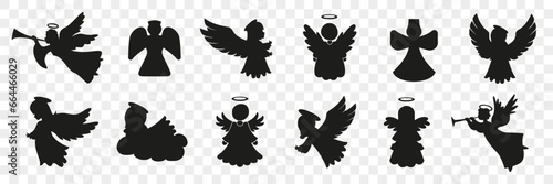 Christmas angel icons in black. Cute angel silhouette collection. Angel character icons. Black angel silhouette