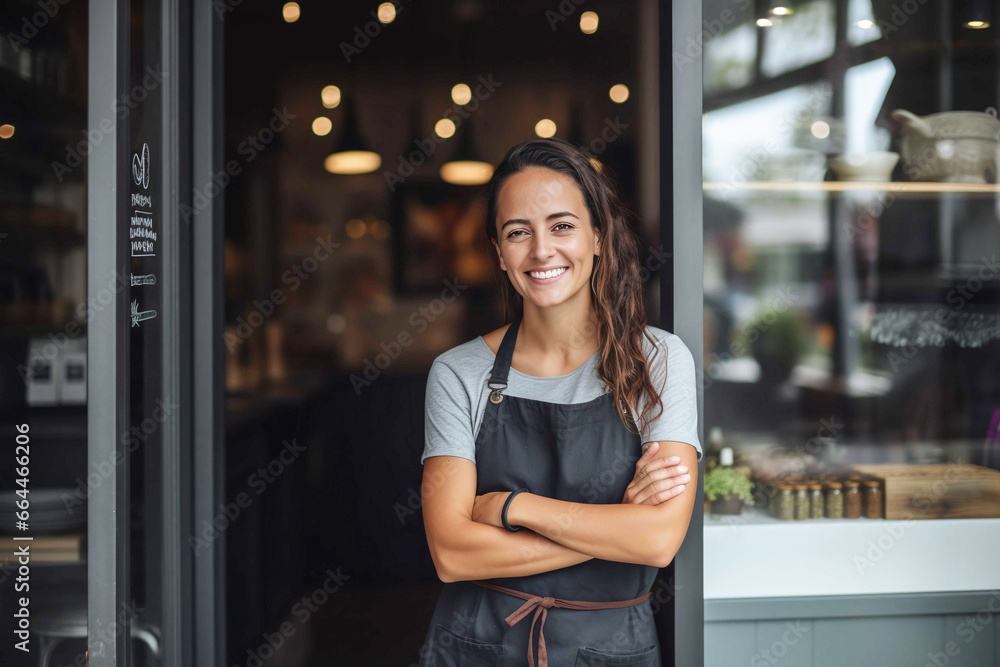 Successful young woman entrepreneur proudly standing a the door of her small local restaurant business, looking at camera with a smile. - obrazy, fototapety, plakaty 