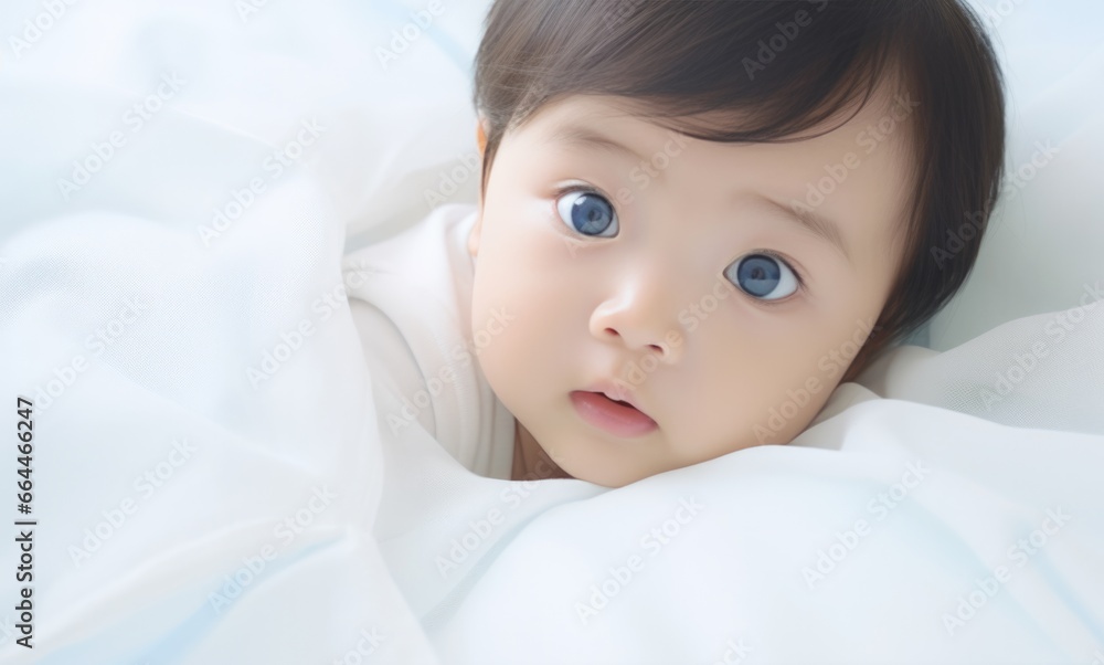 Cute asian baby lying on white bed and looking at camera Cute asian baby lying on white bed and looking at camera
