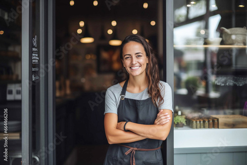 Successful young woman entrepreneur proudly standing a the door of her small local restaurant business, looking at camera with a smile. photo