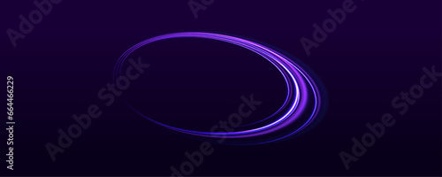 Vector realistic set of blue and purple shiny rings and swirls, isolated on transparent background. Light trail wave, fire path trace line, car lights, optic fiber and incandescence curve twirl. 
