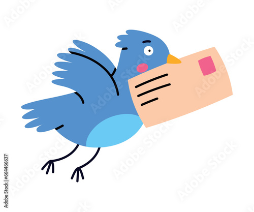 Blue Bird Carry Letter Envelope Flying with Post Vector Illustration