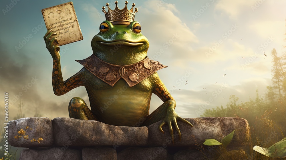 Frog prince with gold crown holding a blank vertical blank sign representing the fairy tale concept of change and transformation from an amphibian to royalty communicating an important message. - obrazy, fototapety, plakaty 