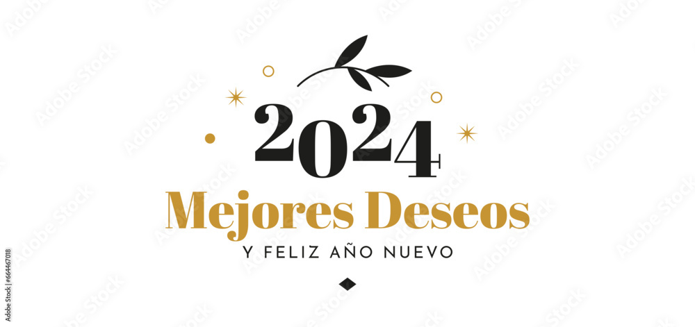 Mejores Deseos Y Feliz Año Nuevo 2024 - Tarjeta de navidad negro y oro - obrazy, fototapety, plakaty 