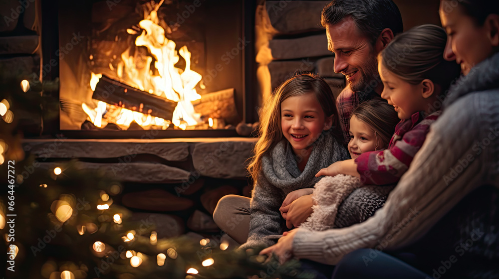 a heartwarming family gathering by a cozy fireplace on a winter evening, with the soft glow of the fire and holiday decorations