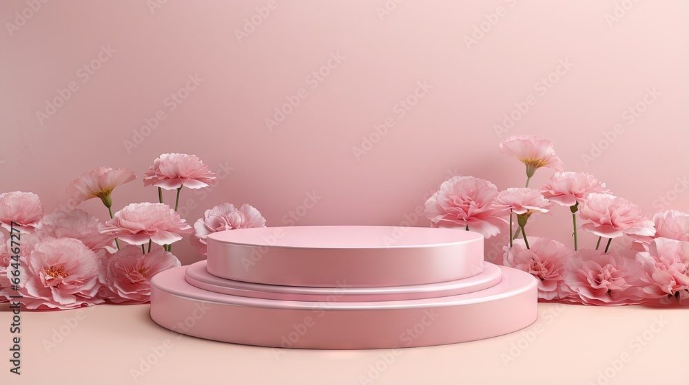 Background for cosmetic product branding, identity and packaging inspiration. Podium with pink carnations and pink circular geometry background. 3d rendering illustration. Background for cosmetic product branding, identity and packaging inspiration. Podium with pink carnations and pink circular geometry background. 3d rendering illustration.