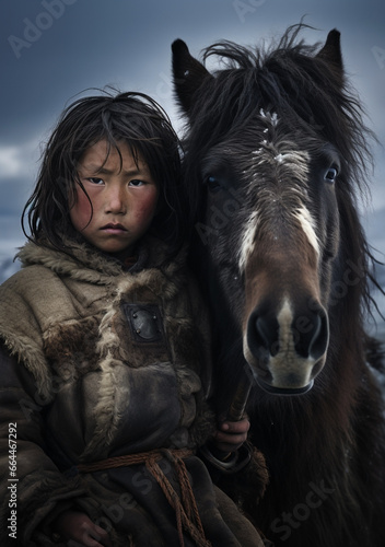 Young Asian Boy in Traditional Attire Posing Proudly with Horse Amidst Mongolia's Vast Steppes. © Modern Artizen