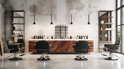 Interior of modern barbershop with white walls, concrete floor, massive reception counter with computer on it and client chairs with mirrors in background. 3d rendering