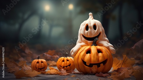 BOO ghost toys with pumpkins and autumn leaves. Halloween holiday concept.