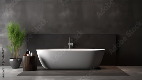 Modern bathroom interior with black tile walls  concrete floor and white bathtub. 3d rendering copy space