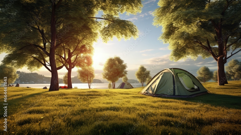 Tents Camping area, early morning with sunshine, beautiful natural place with big trees and green grass, Europe