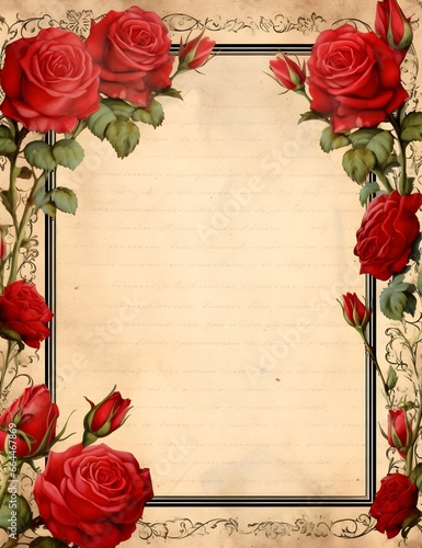 Red roses flowers themed rustic junk journal brown stained paper craft work journal with frame and copy space for writing, letter template, vintage floral design, calligraphy victorian