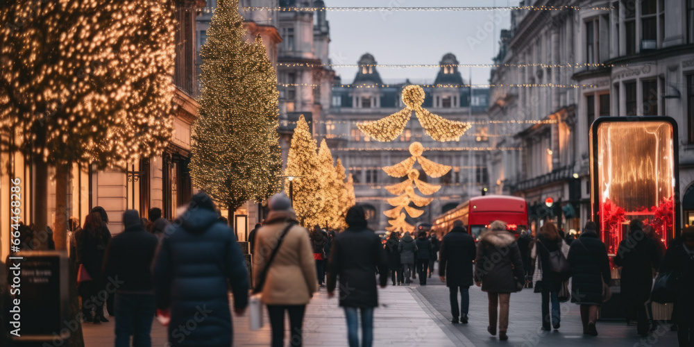 Obraz premium Crowded streets in Christmas decorated with lights