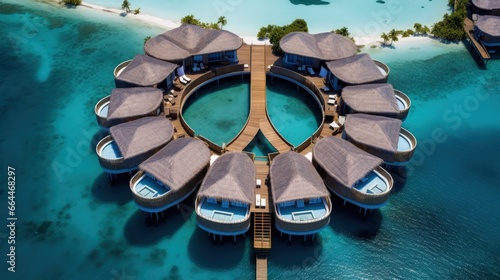 Fototapeta Naklejka Na Ścianę i Meble -  Luxury overwater villas from above. Aerial drone picture. Crossroads Maldives, saii lagoon hotel. July 2021