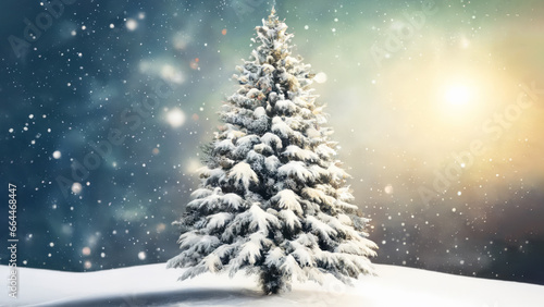 Holiday Magic Snowy Winter Christmas Tree Bokeh Empty Background © caiquame