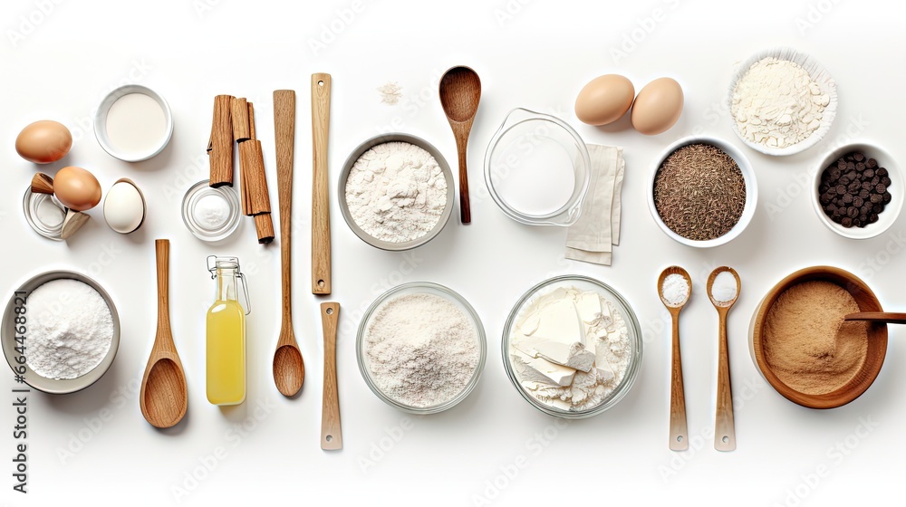 Cooking concept. Basic baking ingredients and kitchen tools isolated on white Cooking concept. Basic baking ingredients and kitchen tools isolated on white