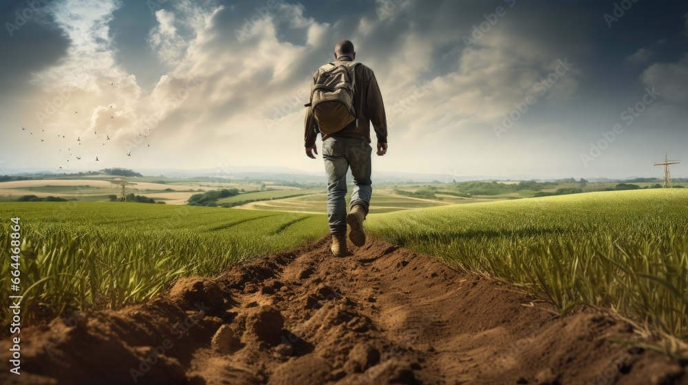 farmer wears boots walking on the ridge, farming concept, cultivation and agriculture farmer wears boots walking on the ridge, farming concept, cultivation and agriculture