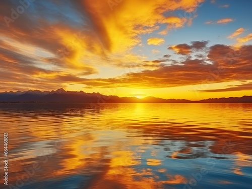 Bright sunset over Lake golden clouds reflect in the water. © MSTASMA