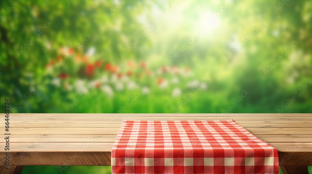 Empty wooden desk table with red checkered tablecloth over abstract bright light green spring or summer background. Template for your food and product display montage. - obrazy, fototapety, plakaty 
