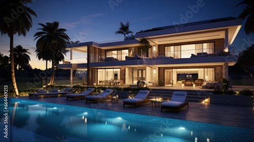 3D rendering of a villa with pool in the evening