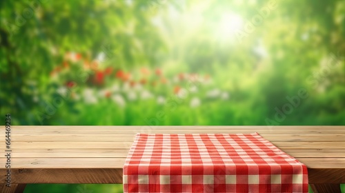 Empty wooden desk table with red checkered tablecloth over abstract bright light green spring or summer background. Template for your food and product display montage.