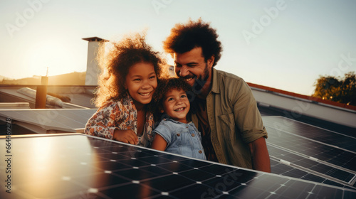 a dedicated family installing solar panels on their rooftop to embrace a sustainable future, with the gleaming sun as a backdrop