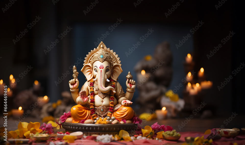 Lord Ganpati, colorful Hindu god Ganesha on dark background. Statue on wooden table with a smoke of incense and a candle. Copy space.