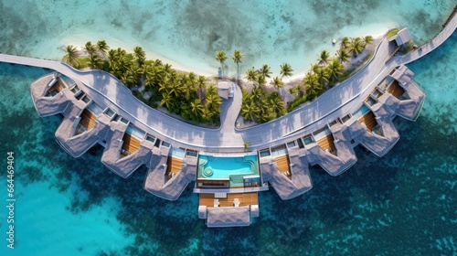 Luxury overwater villas from above. Aerial drone picture. Crossroads Maldives, saii lagoon hotel. July 2021